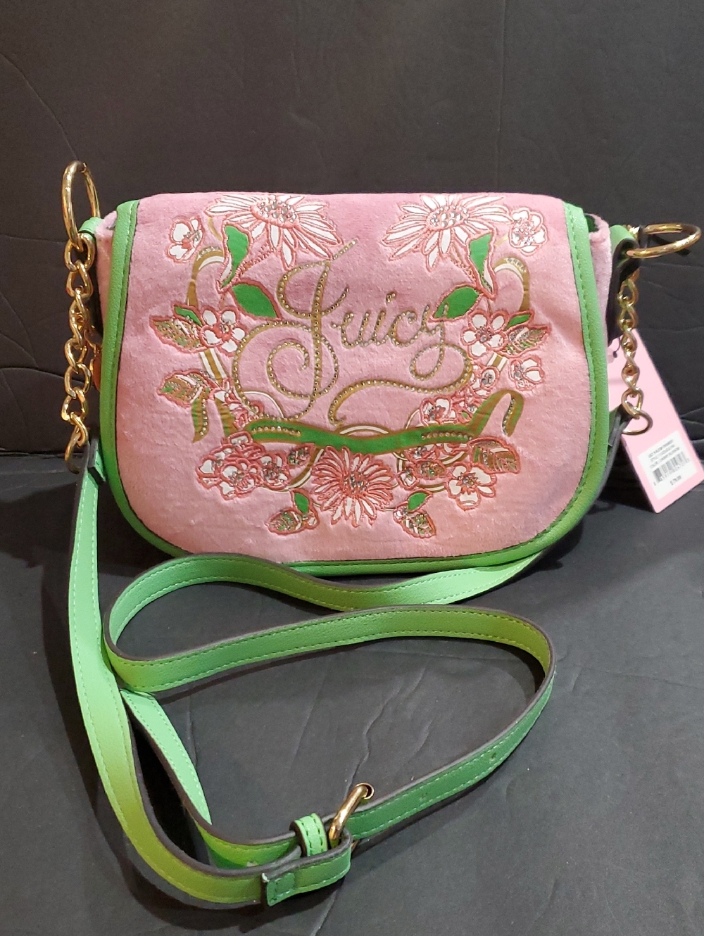 Juicy Couture cherry blossom pink velour green trim Juicy in bloom crossbody bag
